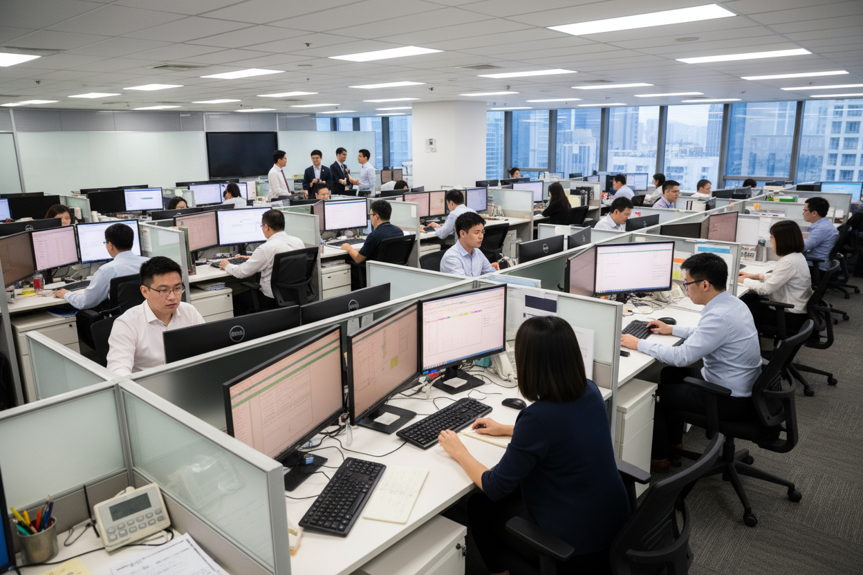make it like cubicles with hong kongers working in it