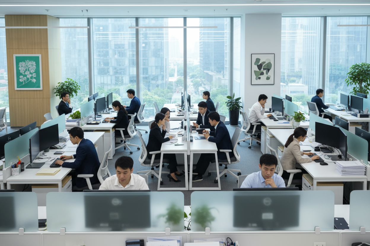 office with chinese people working in it within cubicles