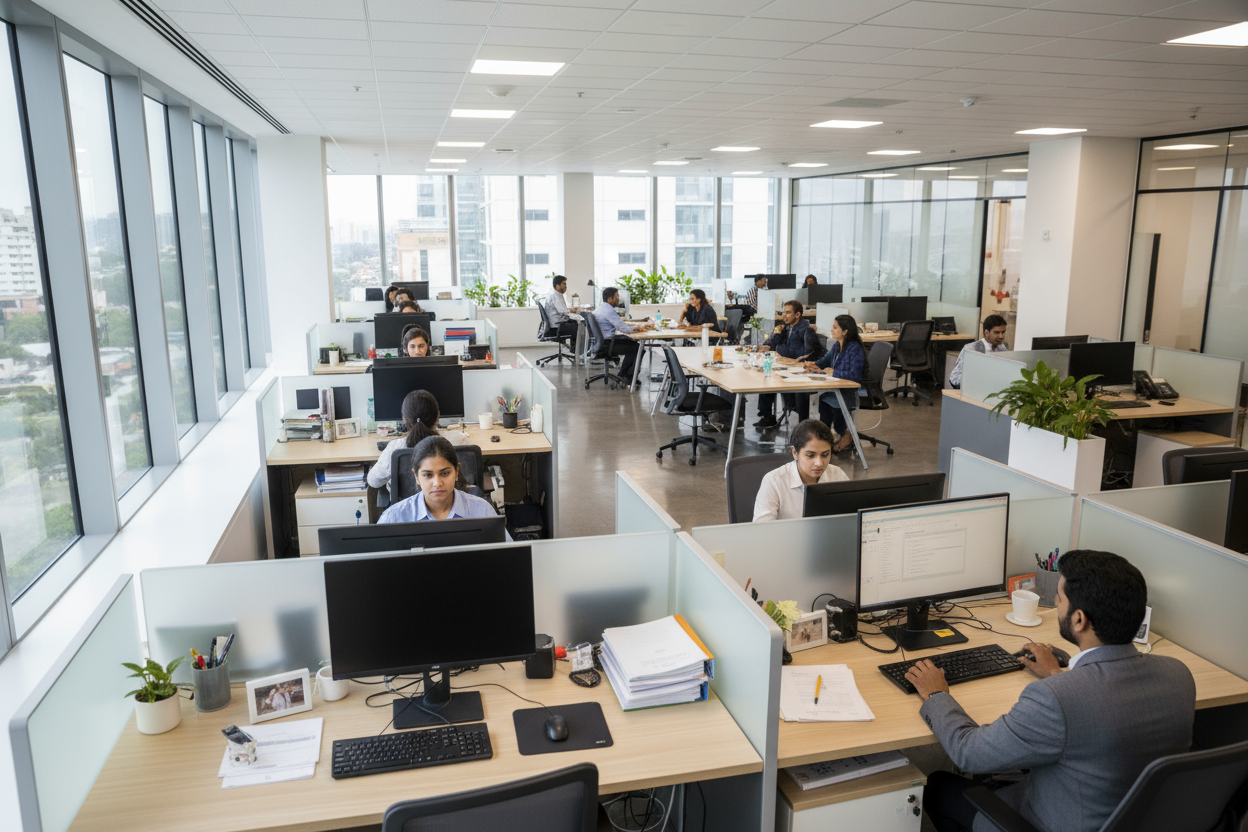 office with indian people working in it within cubicles